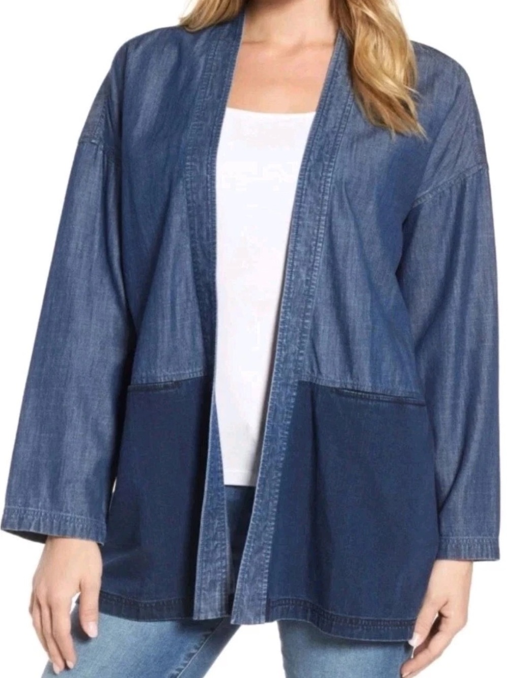 Eileen Fisher Open Front Chambray Kimono Cardigan Jacket XL lagenlook Minimalist